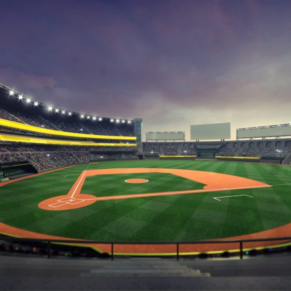 Baseball field in a stadium at night